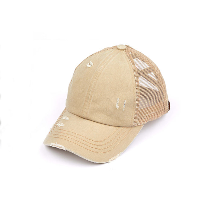 Criss-Cross Ponytail Trucker Hat — Stretch Back Opening Breathable Mesh - Khaki Baseball Caps