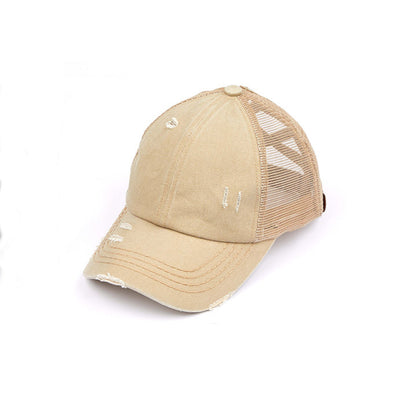 Criss-Cross Ponytail Trucker Hat — Stretch Back Opening Breathable Mesh - Khaki Baseball Caps