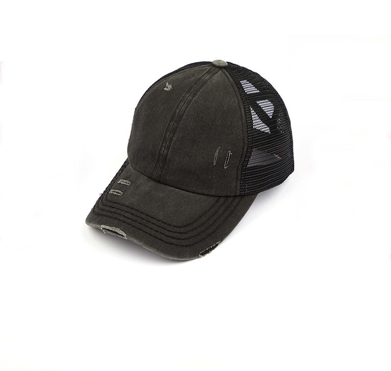 Criss-Cross Ponytail Trucker Hat — Stretch Back Opening Breathable Mesh - Black Baseball Caps