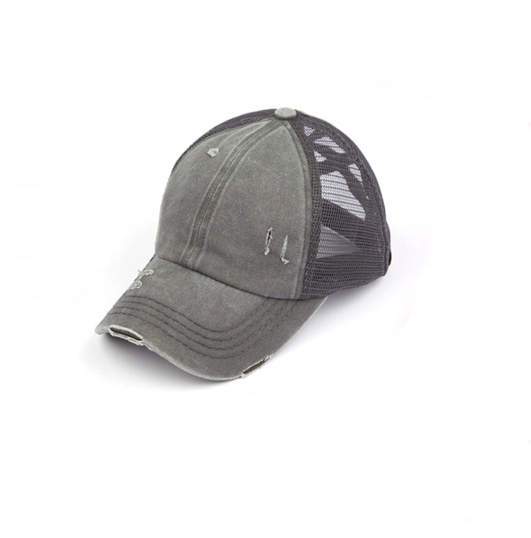 Criss-Cross Ponytail Trucker Hat — Stretch Back Opening Breathable Mesh - Gray Baseball Caps