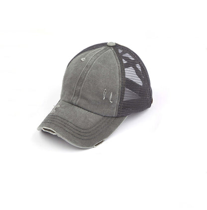 Criss-Cross Ponytail Trucker Hat — Stretch Back Opening Breathable Mesh - Gray Baseball Caps