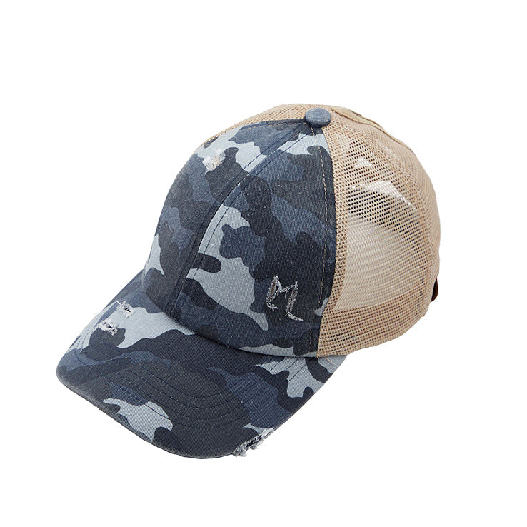 Criss-Cross Ponytail Trucker Hat — Stretch Back Opening Breathable Mesh - Denim Camo Baseball Caps