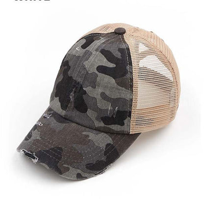 Criss-Cross Ponytail Trucker Hat — Stretch Back Opening Breathable Mesh - Gray Camo Baseball Caps