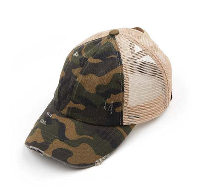 Criss-Cross Ponytail Trucker Hat — Stretch Back Opening Breathable Mesh - Olive Camo Baseball Caps