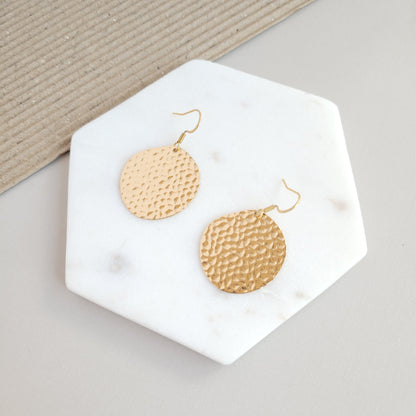 Gold Hammered Brass Drop Earrings — 18K Plated Hypoallergenic Minimalist Wardrobe Staple - Earrings