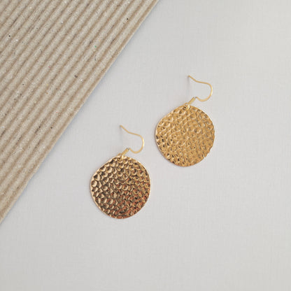Gold Hammered Brass Drop Earrings — 18K Plated Hypoallergenic Minimalist Wardrobe Staple - Earrings