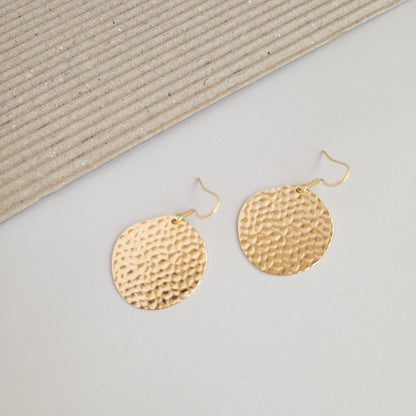 Gold Hammered Brass Drop Earrings — 18K Plated Hypoallergenic Minimalist Wardrobe Staple - Earrings