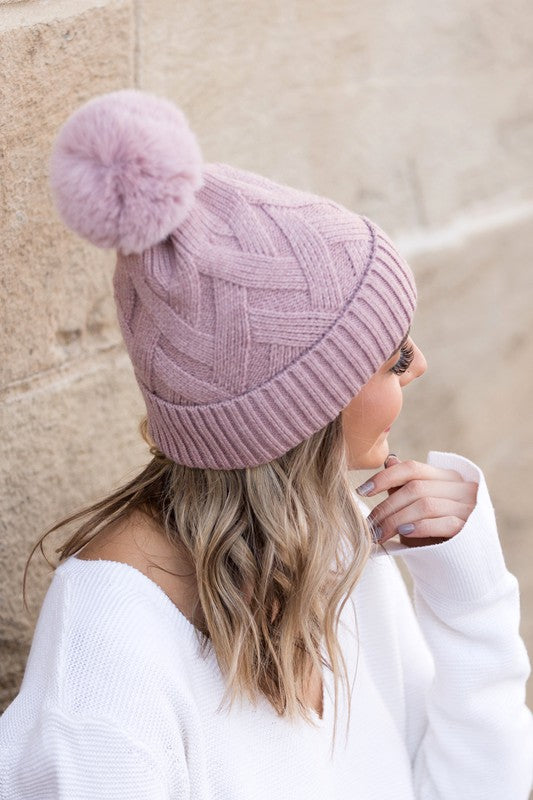 Chunky Knit Fur Pom Beanie - Beanies