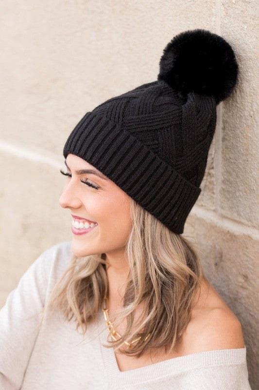 Chunky Knit Fur Pom Beanie - Beanies