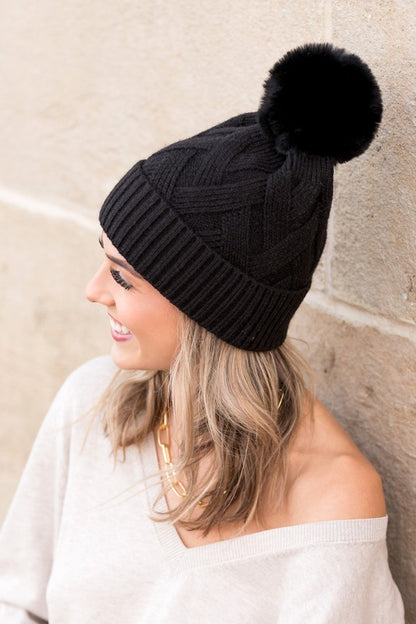 Chunky Knit Fur Pom Beanie - Beanies