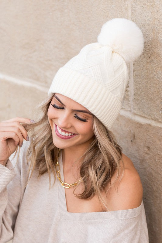 Chunky Knit Fur Pom Beanie - Beanies