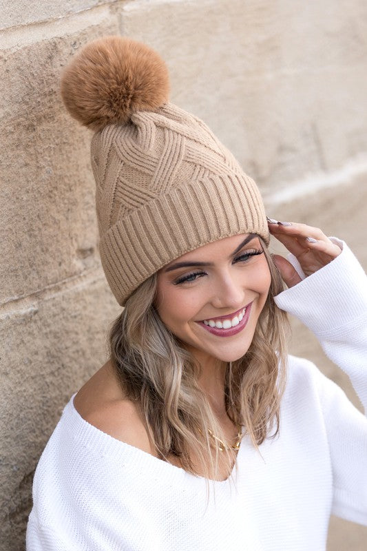 Camel OneSize Chunky Knit Fur Pom Beanie | Trendy Beanies Outfit Idea for Women by Ro + Ivy | Elevated Basics, Modern Comfort & Style
