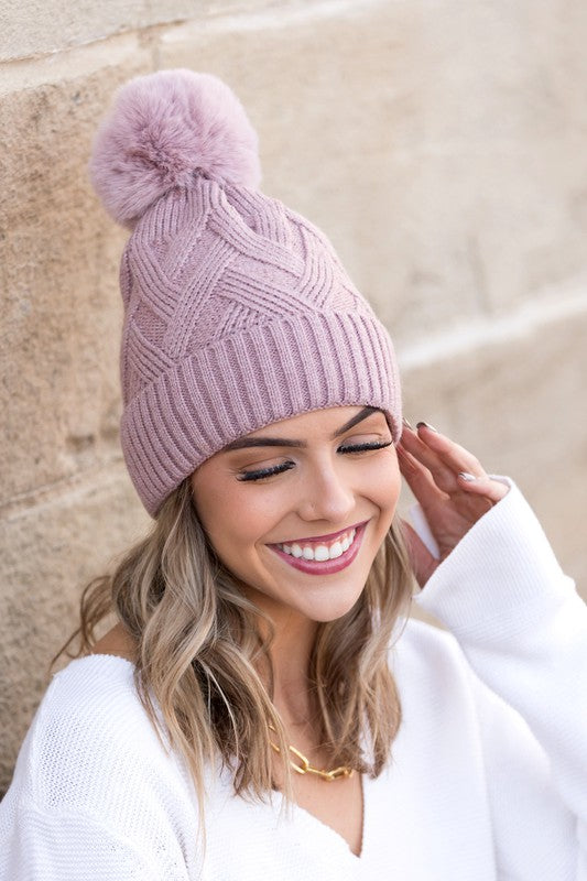 Chunky Knit Fur Pom Beanie - Beanies