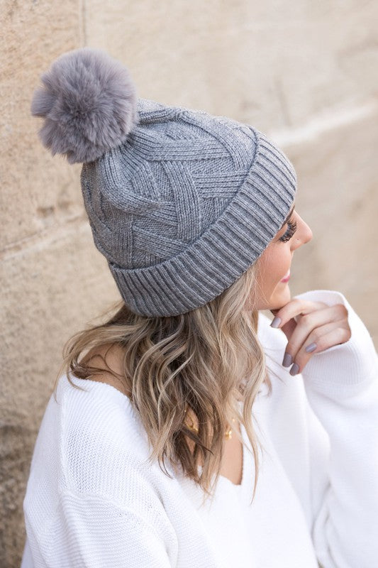 Chunky Knit Fur Pom Beanie - Beanies