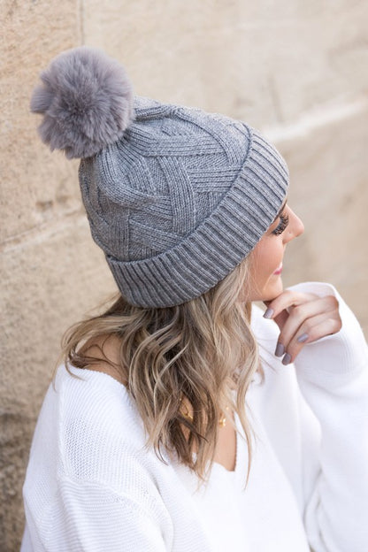 Chunky Knit Fur Pom Beanie - Beanies