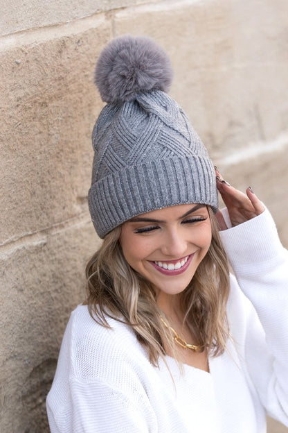 Chunky Knit Fur Pom Beanie - Beanies