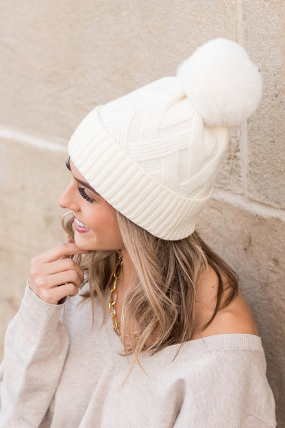Chunky Knit Fur Pom Beanie - Beanies