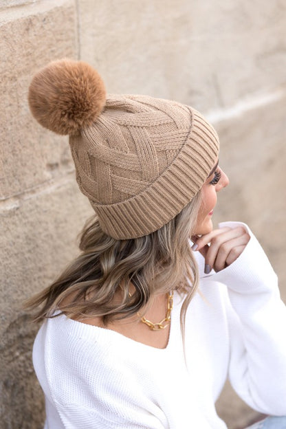 Chunky Knit Fur Pom Beanie - Beanies