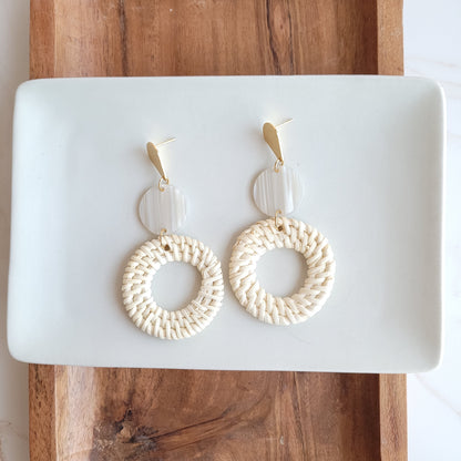 Light Rattan Seashell Statement Earrings — Lightweight Resort Wear Coastal Glam Style - Earrings