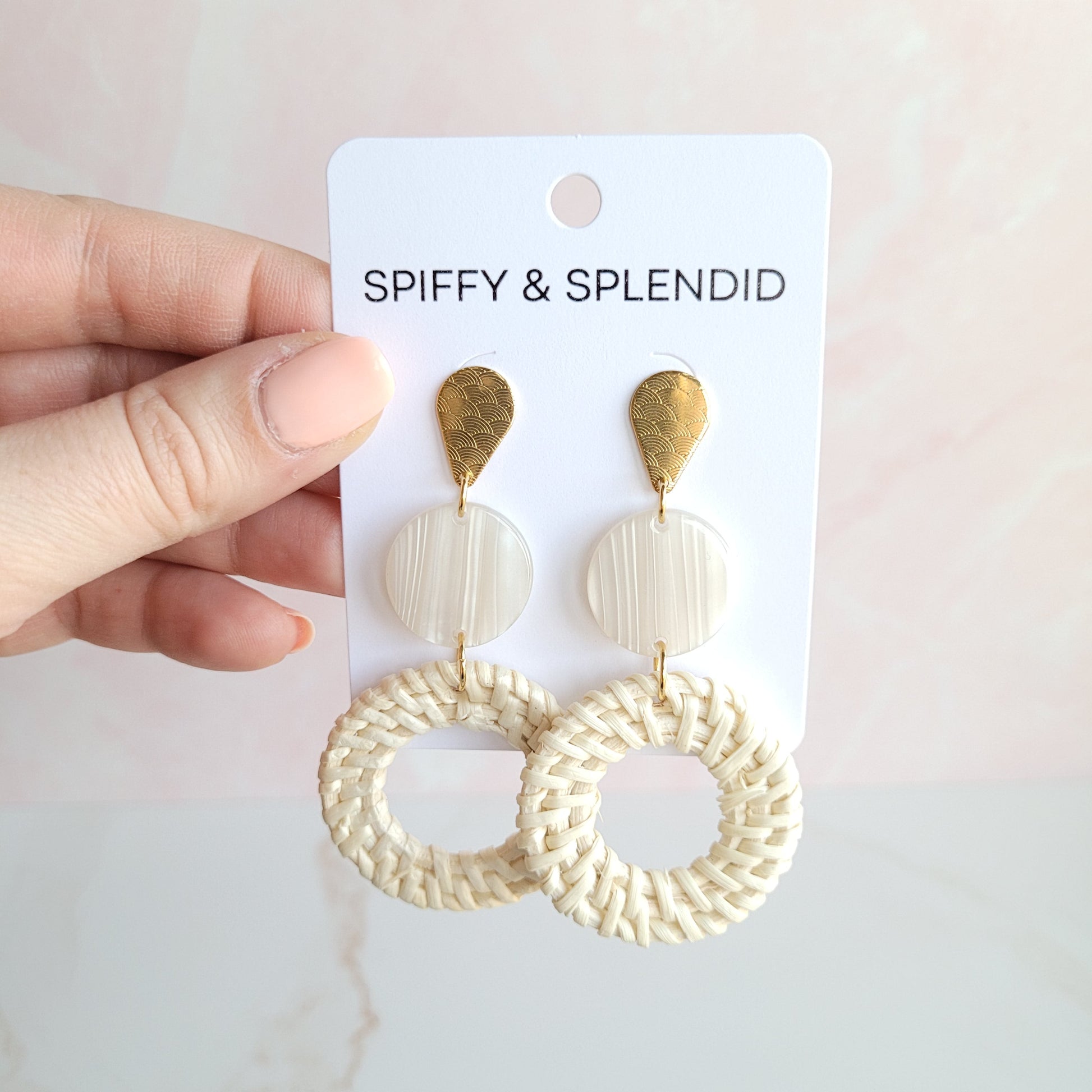 Light Rattan Seashell Statement Earrings — Lightweight Resort Wear Coastal Glam Style - Earrings