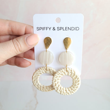 Light Rattan Seashell Statement Earrings — Lightweight Resort Wear Coastal Glam Style - Earrings