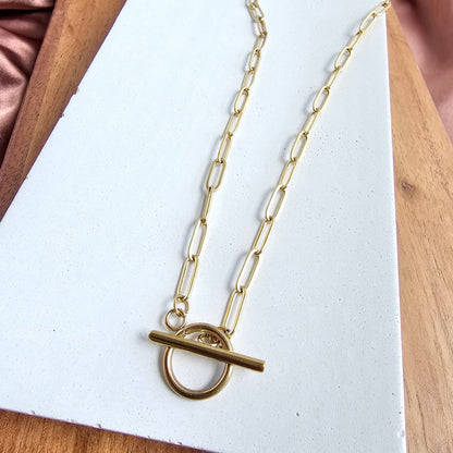 Luxe Gold Paperclip Chain Toggle Clasp Necklace 20" — 18K Plated Layering Everyday Jewelry - Necklaces