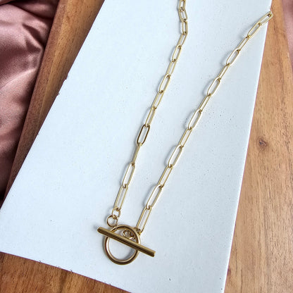Luxe Gold Paperclip Chain Toggle Clasp Necklace 20" — 18K Plated Layering Everyday Jewelry - Necklaces
