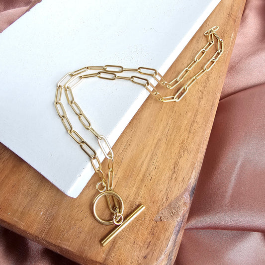 Luxe Gold Paperclip Chain Toggle Clasp Necklace 20" — 18K Plated Layering Everyday Jewelry - Necklaces