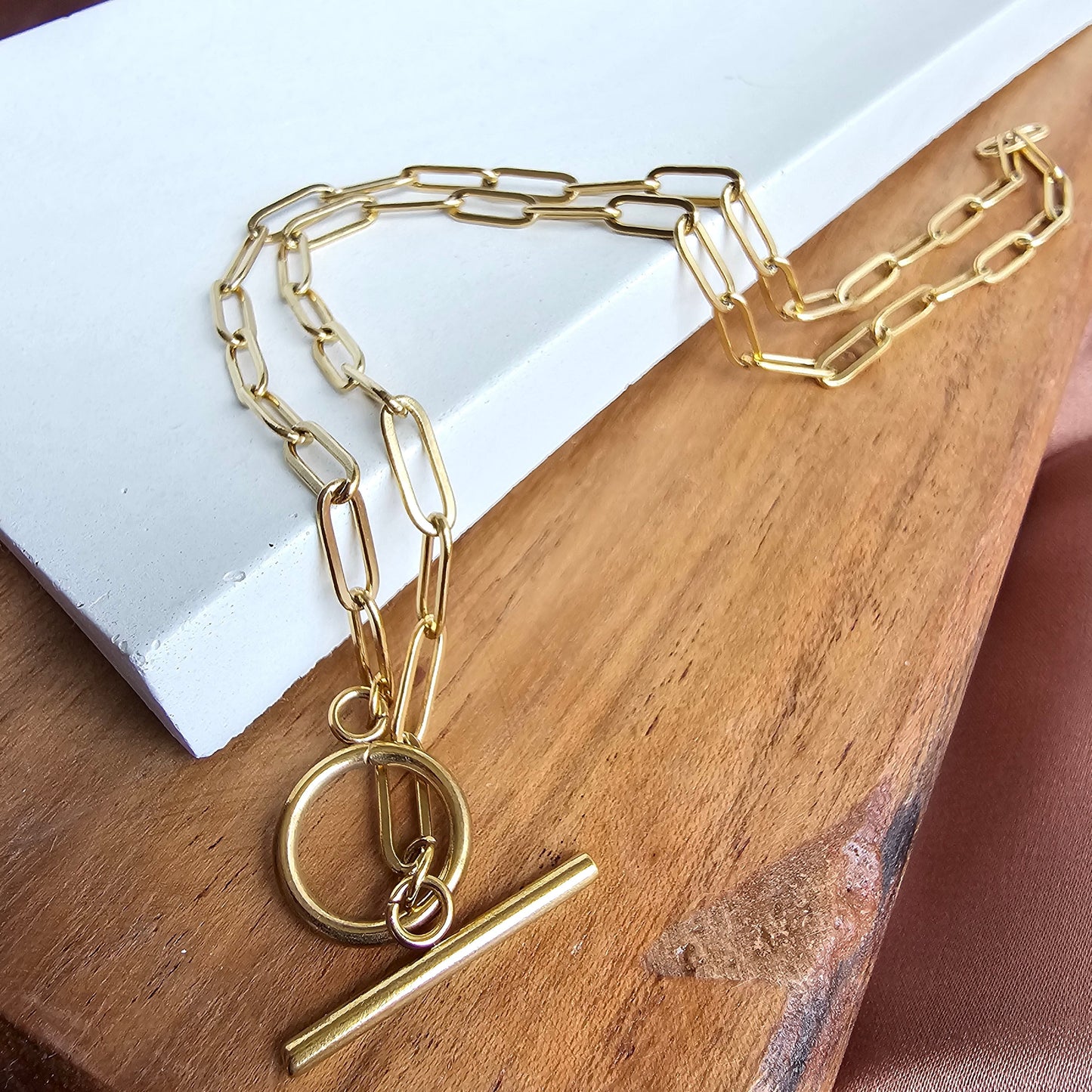 Luxe Gold Paperclip Chain Toggle Clasp Necklace 20" — 18K Plated Layering Everyday Jewelry - Necklaces