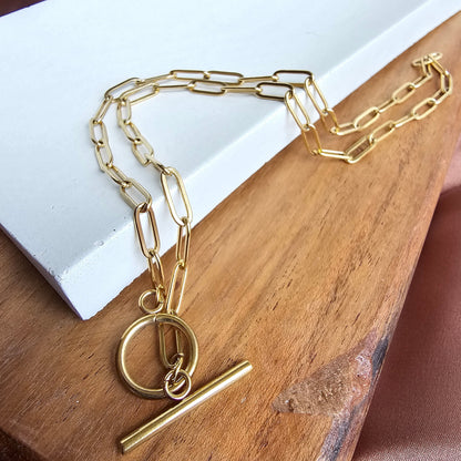 Luxe Gold Paperclip Chain Toggle Clasp Necklace 20" — 18K Plated Layering Everyday Jewelry - Necklaces