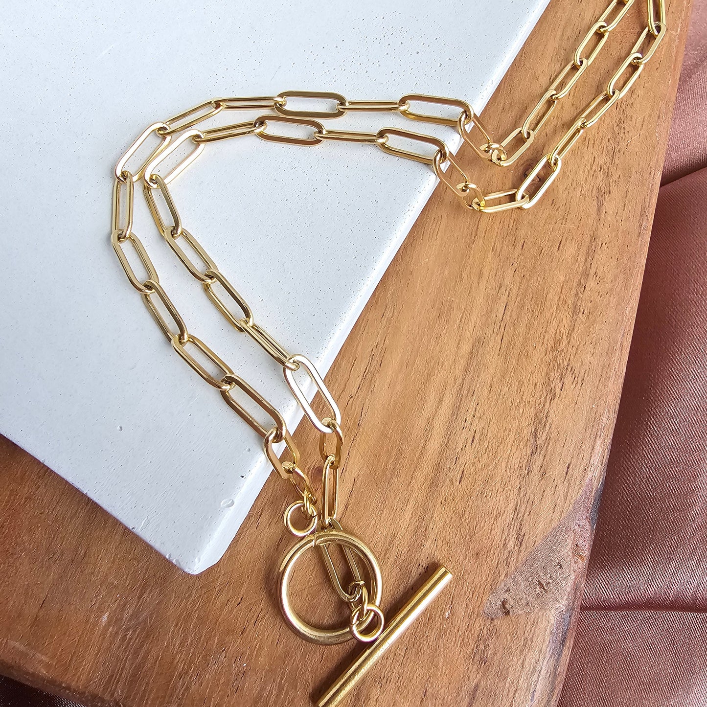 Luxe Gold Paperclip Chain Toggle Clasp Necklace 20" — 18K Plated Layering Everyday Jewelry - Necklaces