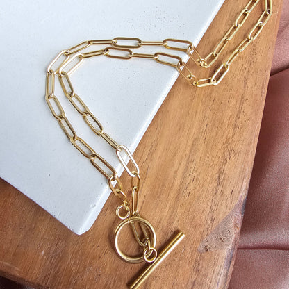 Luxe Gold Paperclip Chain Toggle Clasp Necklace 20" — 18K Plated Layering Everyday Jewelry - Necklaces