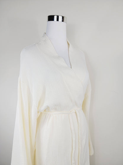 Women's Cotton Muslin Wrap Robe — Lightweight Breathable Belted Loose Sleeve Airy Style - Robes