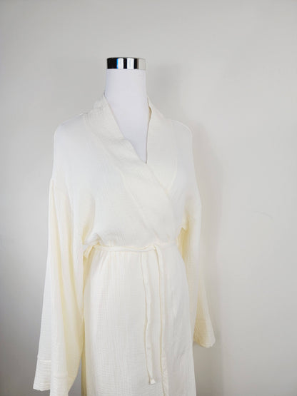 Women's Cotton Muslin Wrap Robe — Lightweight Breathable Belted Loose Sleeve Airy Style - Robes