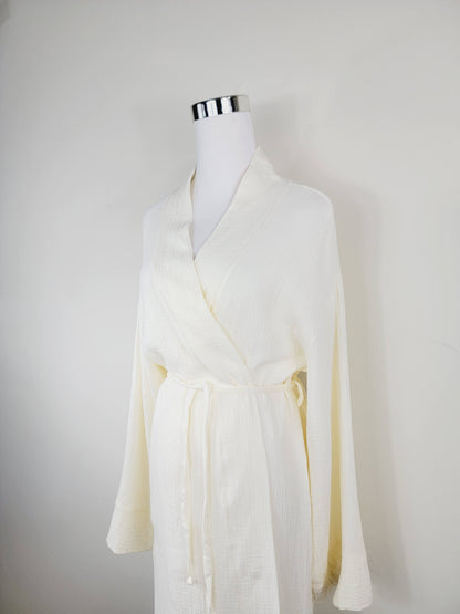 Women's Cotton Muslin Wrap Robe — Lightweight Breathable Belted Loose Sleeve Airy Style - Robes
