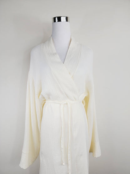 Women's Cotton Muslin Wrap Robe — Lightweight Breathable Belted Loose Sleeve Airy Style - Robes