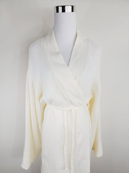 Women's Cotton Muslin Wrap Robe — Lightweight Breathable Belted Loose Sleeve Airy Style - Robes