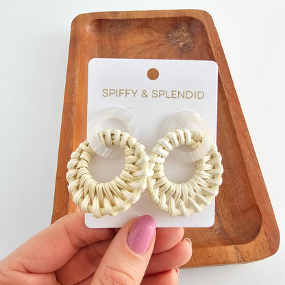 Light Rattan Textured Statement Earrings — Vacation Vibe Coastal Resort Dangle Style - Earrings