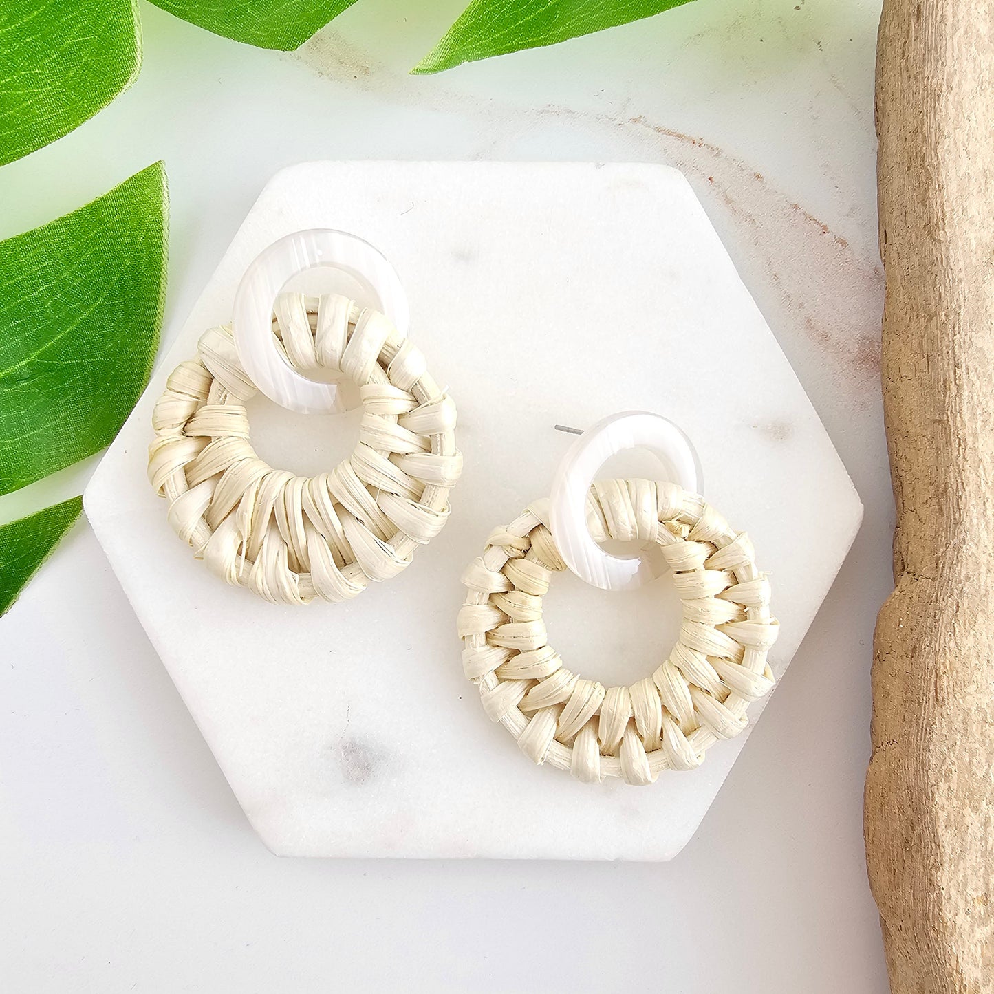 Light Rattan Textured Statement Earrings — Vacation Vibe Coastal Resort Dangle Style - Earrings