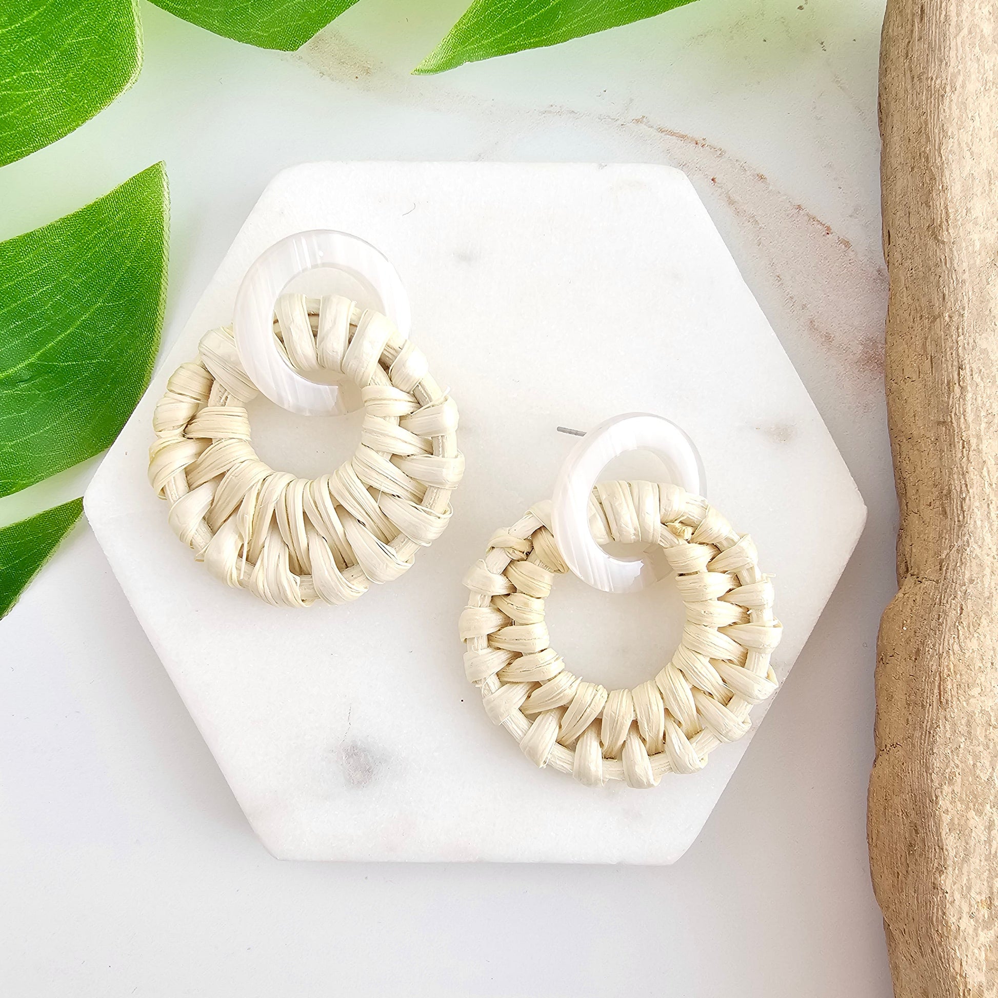 Light Rattan Textured Statement Earrings — Vacation Vibe Coastal Resort Dangle Style - Earrings