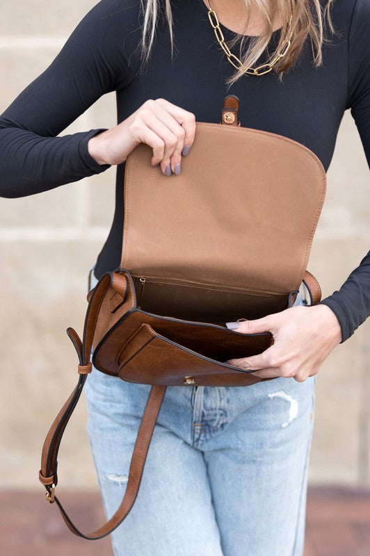 Vegan Leather Foldover Crossbody Bag with Buckle Accent | Trendy Crossbody Bags Outfit Idea for Women by Ro + Ivy | Elevated Basics, Modern Comfort & Style