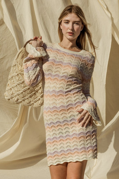 Round Neck Bell Sleeve Sweater Mini Dress – IVORY MULTI outfit idea for women | Ro + Ivy