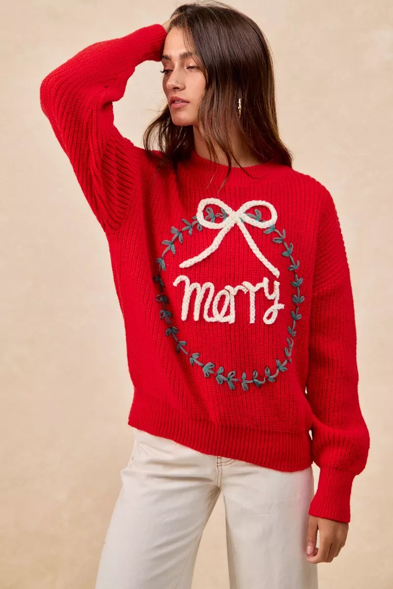 "Merry" Lettering Christmas Wreath Crewneck Sweater | Trendy Sweaters Outfit Idea for Women by Ro + Ivy | Elevated Basics, Modern Comfort & Style