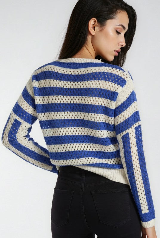 Usa Letter Embroidered Open Knit Relaxed Sweater Cover-Up Top — Statement Casual Style - top