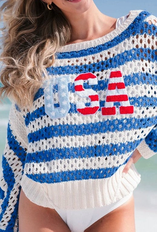 Usa Letter Embroidered Open Knit Relaxed Sweater Cover-Up Top — Statement Casual Style - Blue Multi top
