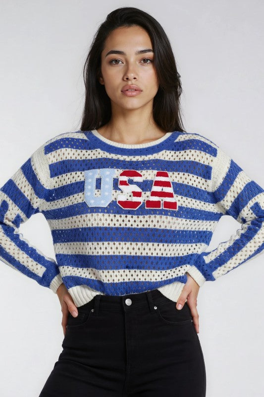 Usa Letter Embroidered Open Knit Relaxed Sweater Cover-Up Top — Statement Casual Style - top