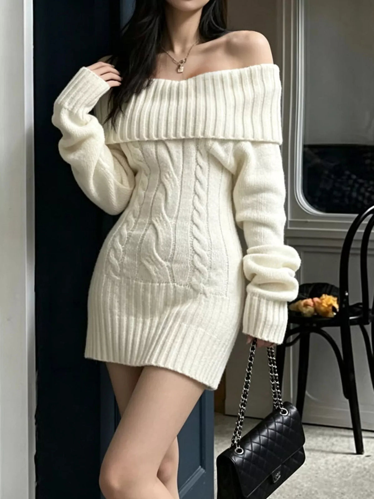 Off-Shoulder Cable-Knit Sweater Dress with Ribbed Details White