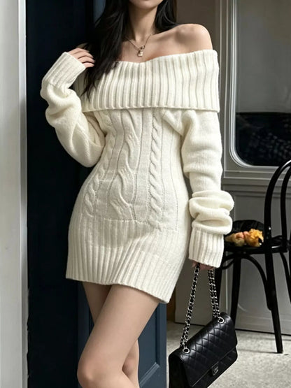 Off-Shoulder Cable-Knit Sweater Dress with Ribbed Details White