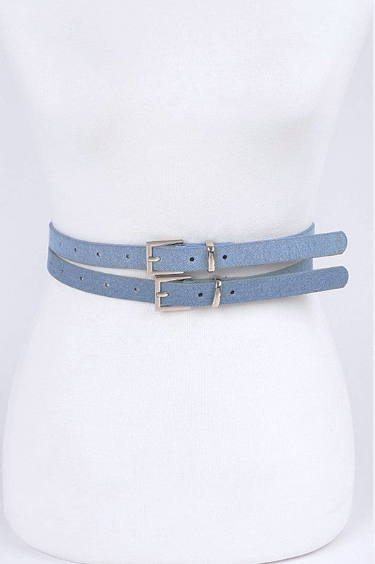 Blue O S Faux Denim Leather Double Skinny Belt | Trendy Belts Outfit Idea for Women by Ro + Ivy | Elevated Basics, Modern Comfort & Style