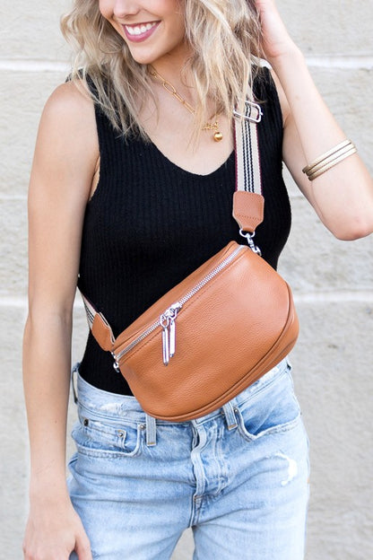 Cognac OneSize Leather Sling Crossbody Bag | Trendy Crossbody Bags Outfit Idea for Women by Ro + Ivy | Elevated Basics, Modern Comfort & Style